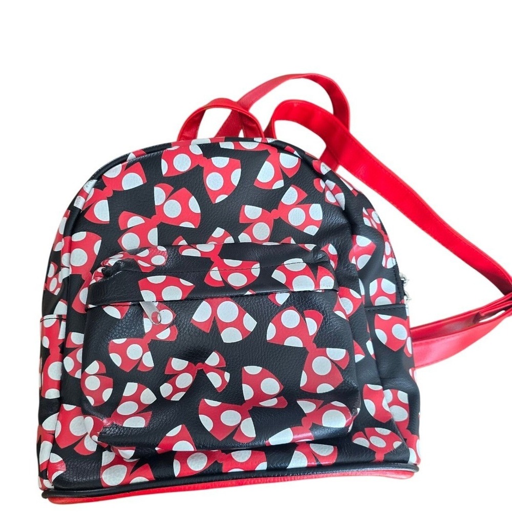 Disney Parks Minnie Mouse Polka Dot Bow Mini Backpack Black Red Faux Leather